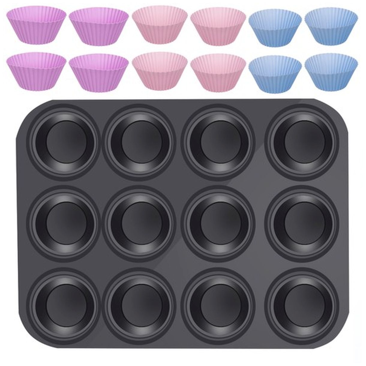 Teflonowa Blaszka do Pieczenia Muffinek + 12 Silikonowych Foremek - Idealny Zestaw dla Miłośników Słodkości-3 Teflonowa Blaszka do Pieczenia Muffinek + 12 Silikonowych Foremek - Idealny Zestaw dla Miłośników Słodkości-3